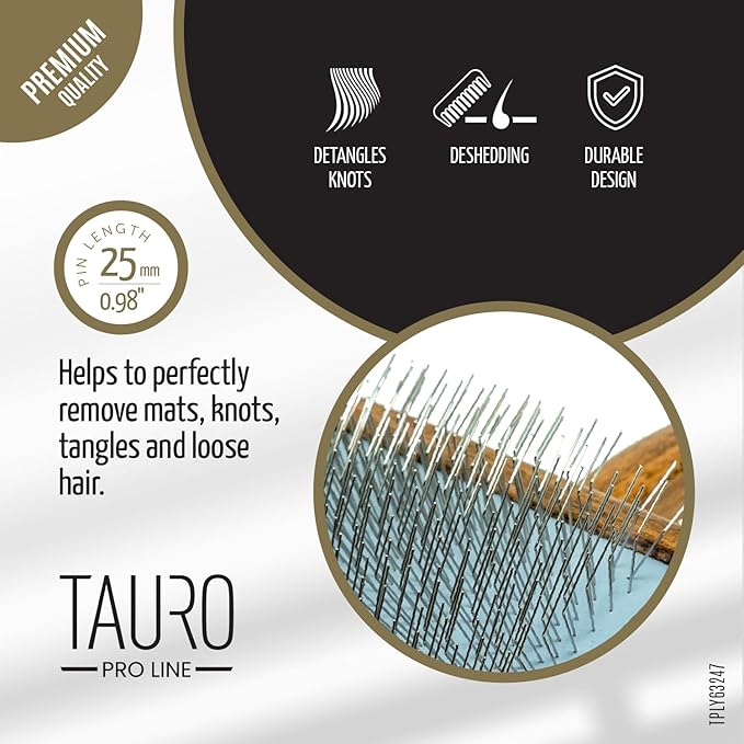 TAURO PRO LINE Wooden Dog Brush for Detangle Long and Short Hair, Wooden Soft Massage Brush for Grooming Haired Dogs and Cats, Flexible Cushion and Non-Slip Grip, Oval, 7.84 x 3.93 inch, Brown