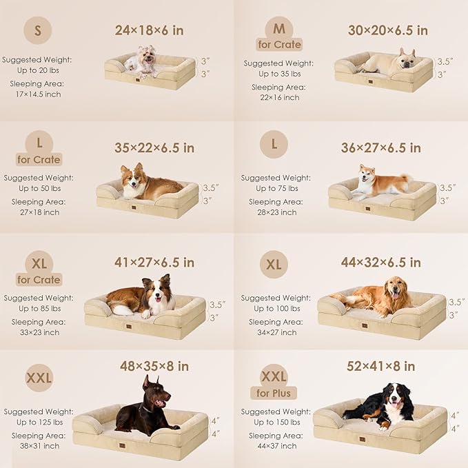 EHEYCIGA Orthopedic Dog Beds for Large Dogs, Waterproof Memory Foam Large Dog Bed with Sides, Non-Slip Bottom and Egg-Crate Foam Large Dog Couch Bed with Washable Removable Cover, Greige