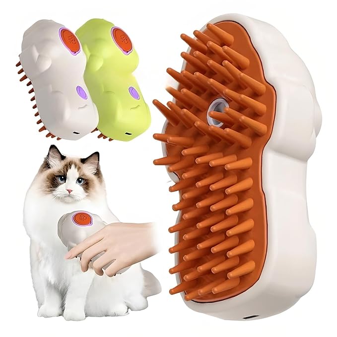 Cat Steam Brush: 3-in-1 Pet Grooming Steamer, Steamy Hair Brush for Cats, Undercoat Removal, Detangle, Removes Fleas, White, Hair Brush
