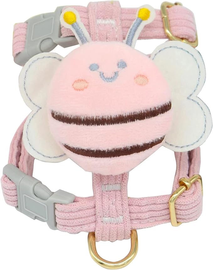 Dog Harness (Purple, Large) - Adjustable Pet Walking Training Harness with Matching Leash - Soft Corduroy Material - Cute Bee Design - Ideal for Everyday Use