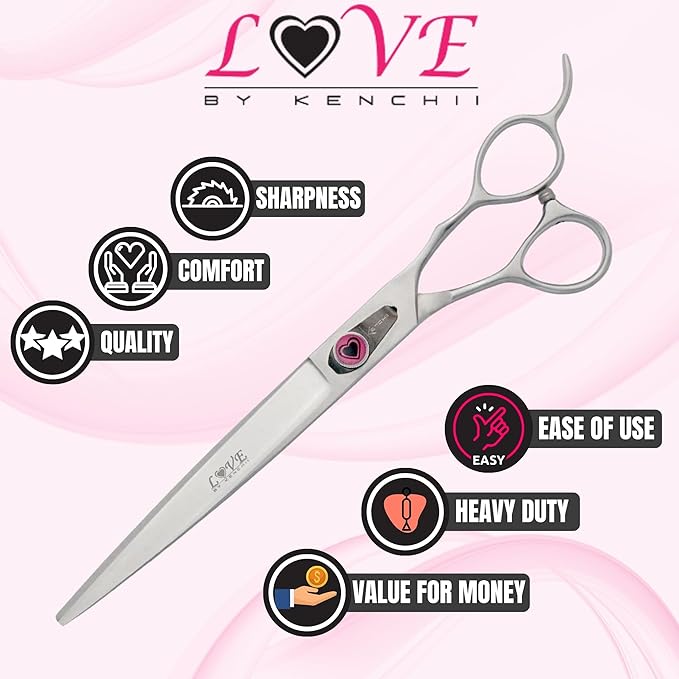 Kenchii Love Left Handed Dog Grooming Scissors, 8 Inch Curved Shears, Dog Scissors for Grooming, Professional Pet Grooming Scissors, Curved Dog Grooming Scissors