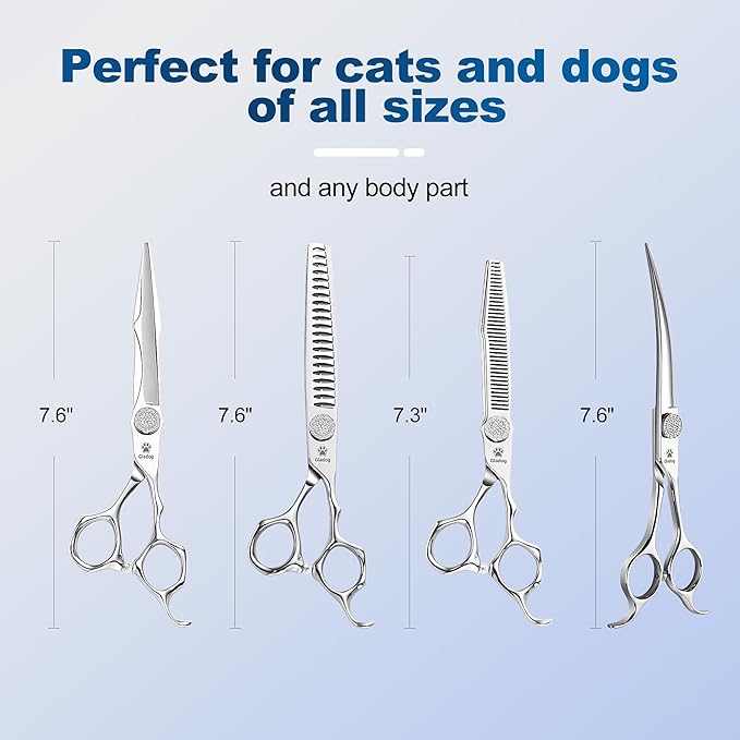 GLADOG Luxury Dog Grooming Scissors Set - 7" Straight, 6.5" Thinning, 7" Chunkers, 7" Curved Dog Shears for Grooming - 9CR Steel, Professional Grooming Kit, Pet Grooming Scissors for Dog and Cats