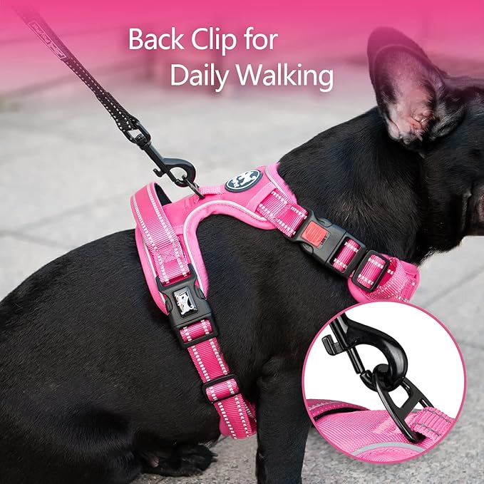 PoyPet No Pull Dog Harness, No Choke Reflective Dog Vest, Adjustable Pet Harnesses with Easy Control Padded Handle for Small Medium Large Dogs(Pink Matching Trim,L)