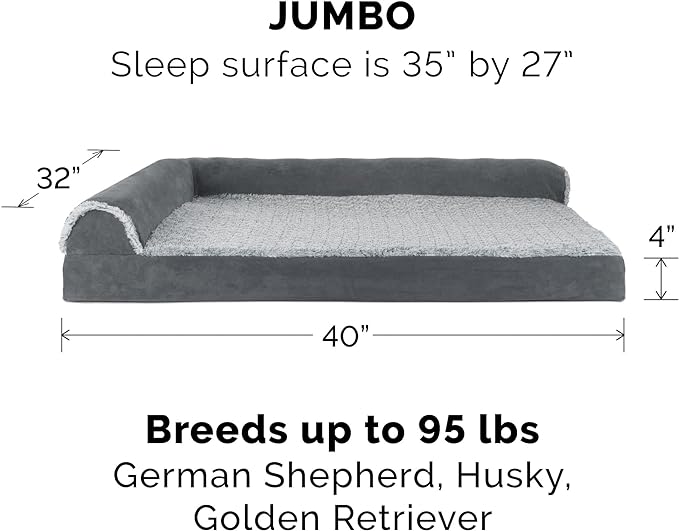 Furhaven Orthopedic Dog Bed for Large Dogs w/ Removable Bolsters & Washable Cover, For Dogs Up to 95 lbs - Two-Tone Plush Faux Fur & Suede L Shaped Chaise - Stone Gray, Jumbo/XL