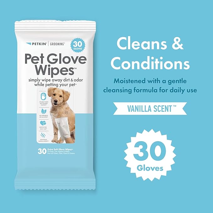 Petkin Pet Glove Wipes for Dogs and Cats, 30 Wipes - Double-Sided Cleaning Wipes - Gently Cleans Ears, Face, Butt, Body and Eye Area - Convenient, Ideal for Home or Travel - Vanilla Scented