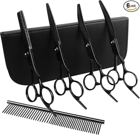 Premium Dog Grooming Scissors with Safety Round Tips, 6 in 1 Dog Grooming Scissors Kit, 4CR Stainless Steel Premium Pet Grooming Shears for Dog, Sharp and Durable, Black