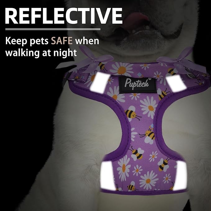 PUPTECK No Pull Dog Harness and Leash Set Reflective No Choke Step in Puppy Halter for XS Small and Medium Sized Dogs, Purple, Printed Fabric, M