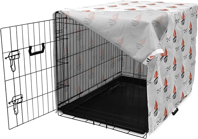 Lunarable Sail Boat Dog Crate Cover, Abstract Boat Waves Cartoon Drawing Style Geometric Pattern, Easy to Use Pet Kennel Cover for Cats & Medium Dogs, 24 Inch, Salmon Black Grey