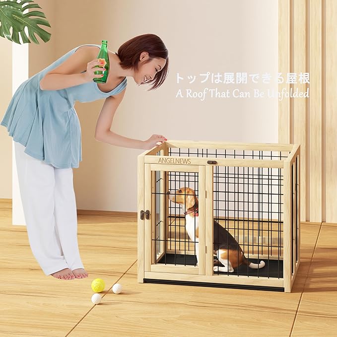 Wooden Folding Pet Cage Puppy Kennel & Cat Cage with Flippable Roof and Removable Tray, Indoor Dog Crate Furniture, Easy Assemble Easy Storing (M)