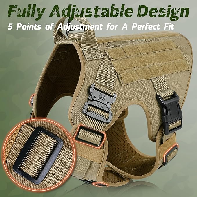 rabbitgoo Tactical Dog Harness for Large Dogs, Heavy Duty Dog Harness with Handle, No-Pull Service Dog Vest Large Breed, Adjustable Military Dog Vest Harness for Training Hunting Walking, Brown, L