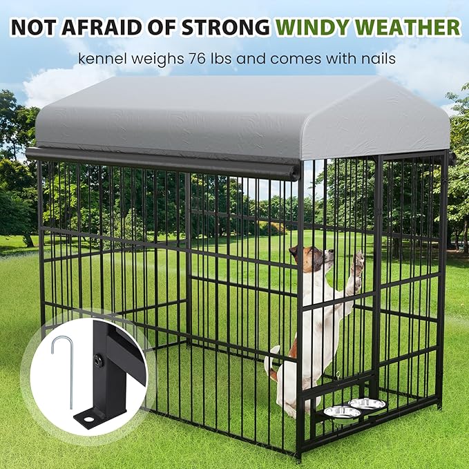 Rovibek Outdoor Dog Kennel, Outside Dog Kennel with Roof, Dog Kennels Outside, Heavy Duty Dog Enclosure with 2 Rotating Bowls, Large Dog Kennels Outdoor