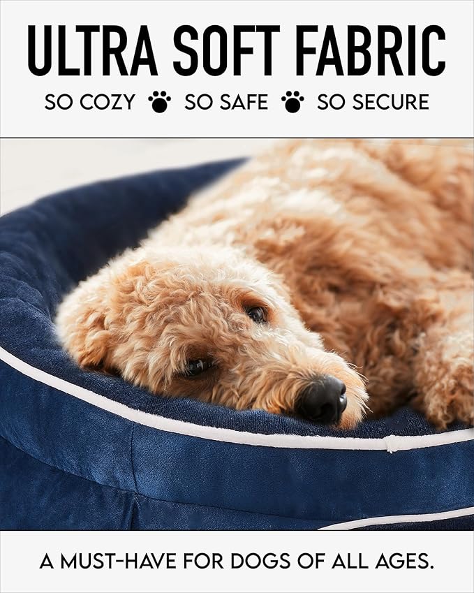 OhGeni Orthopedic Dog Bed for Large Dogs, Dog Couch Design with Egg Foam Support, Removable, Machine Washable Plush Cover and Non-Slip Bottom with Four Sided Bolster Cushion (Dark Blue)
