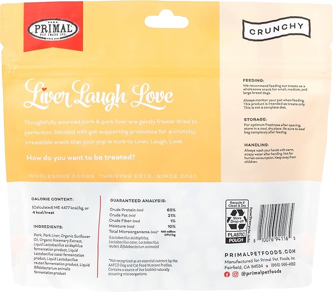 Primal Freeze Dried Dog Treats; Pork Liver Dog Treats with Probiotics for Dogs; Liver, Laugh, Love; Crunchy Grain Free Training Treats for Dogs, 1.5 oz (Pack of 2)