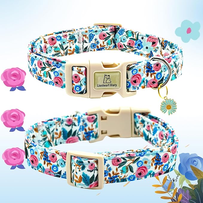 Lionheart glory Dog Collar Flowers Print Dogs Collar Spring Summer Cute Collars Dog Girl or Boy Soft Durable Adjustable Dog Collars for Large Dogs Pet Gift