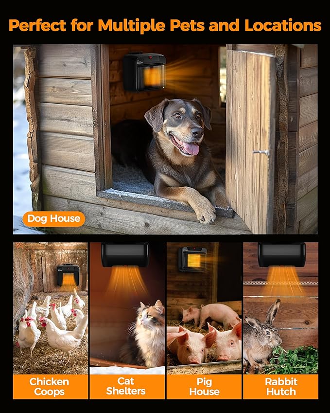 HETOO Dog House Heater with Thermostat, Wall-Mounted 600W/300W Dog Heater, 6.5Ft Anti Chew Cord, Overheat Protection, Safe Fast Heating for Dog Kennel, Cat Houses, Chicken Coops, Black