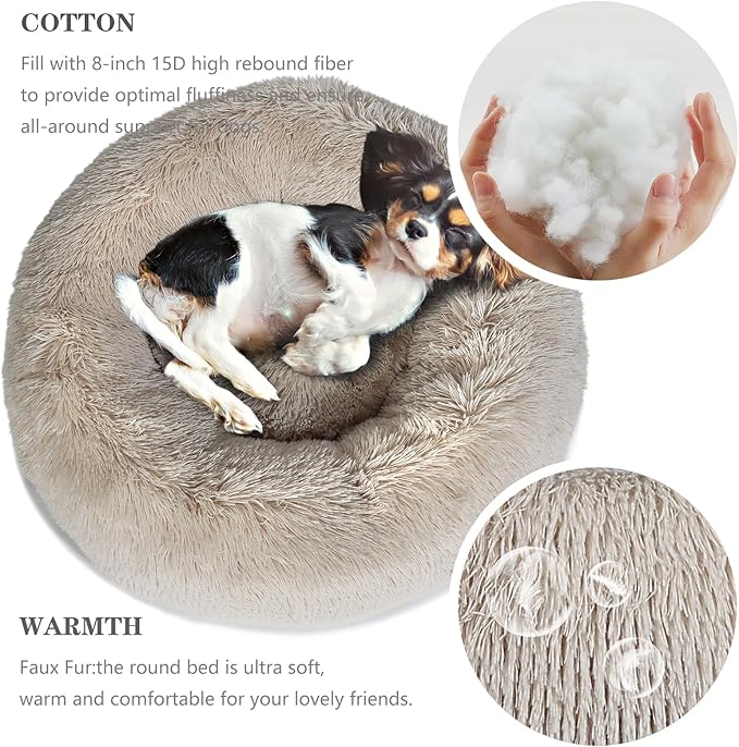 Small Dog Bed Calming Dogs Bed for Small Medium Large Dogs Anti-Anxiety Puppy Bed Machine Washable Warming Cozy Soft Pet Round Bed Fits up to 10-100 lbs (Medium (Pack of 1), Beige)