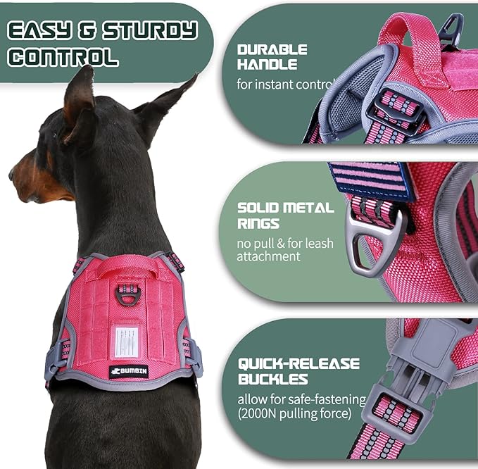BUMBIN Tactical Dog Harness for Small Dogs No Pull, Famous TIK Tok No Pull Puppy Harness, Fit Smart Reflective Pet Walking Harness for Training, Adjustable Dog Vest Harness with Handle Pink XL