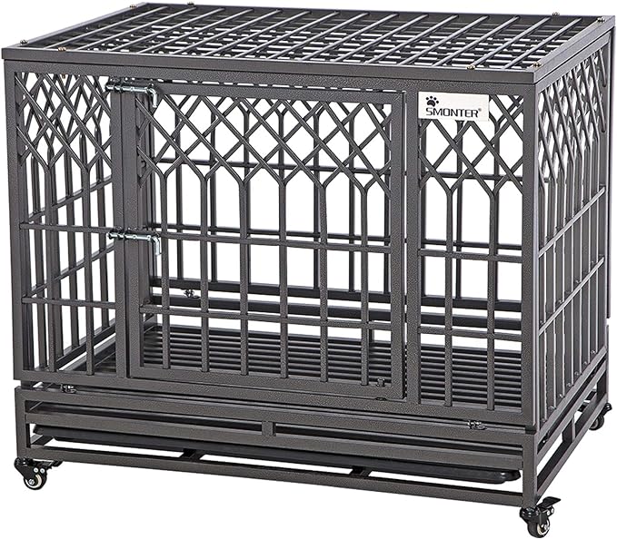 SMONTER 38" Heavy Duty Dog Crate Strong Metal Pet Kennel Playpen with Two Prevent Escape Lock, Large Dogs Cage with Wheels, Y Shape, Dark Silver … …