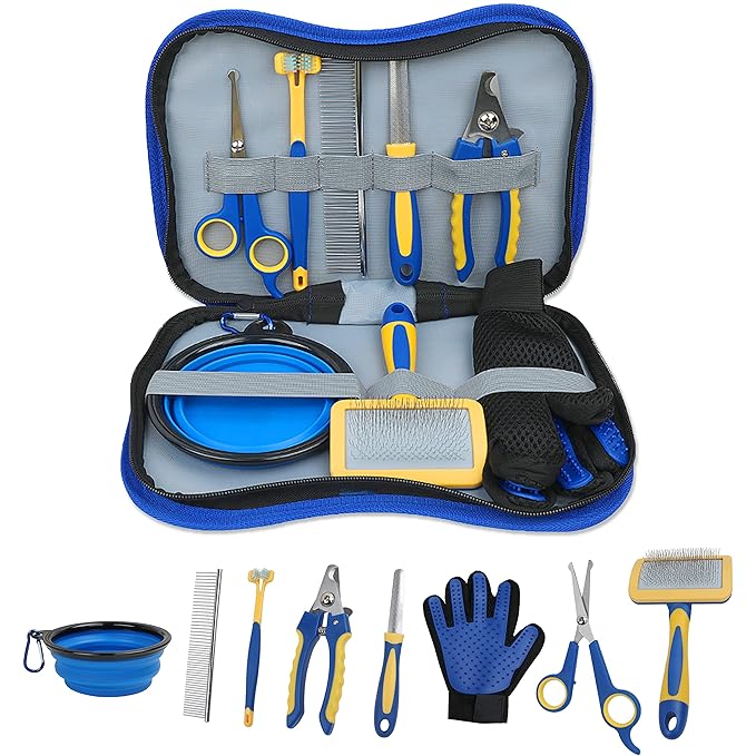 Dog Grooming Kit: 8-Piece Set with Slicker Brush, Deshedding Tools, Flea Comb, and Double-Sided Grooming Comb