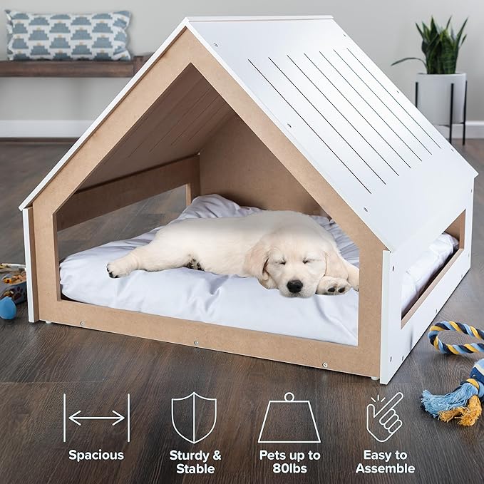 Indoor Dog House Bed - Wood Doghouse with Soft Cushion and Air Vents - 29.5x28x24in Dog Furniture for Small to Medium Pets up to 80lbs - Puppy Accessories by PETMAKER (White)