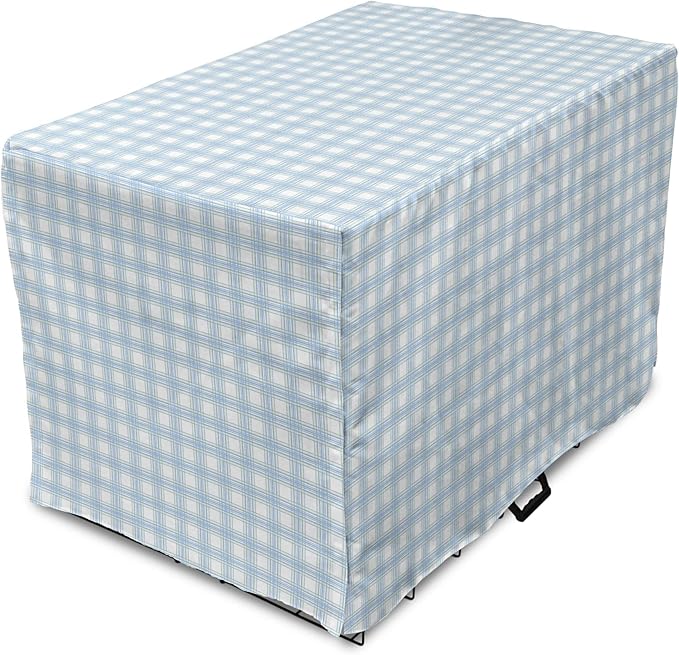 Lunarable Plaid Dog Crate Cover, Geometrical Striped Old Fashioned Pattern Pastel Colors Country, Easy to Use Pet Kennel Cover for Medium Large Dogs, 42 Inch, Pale Blue Yellow White