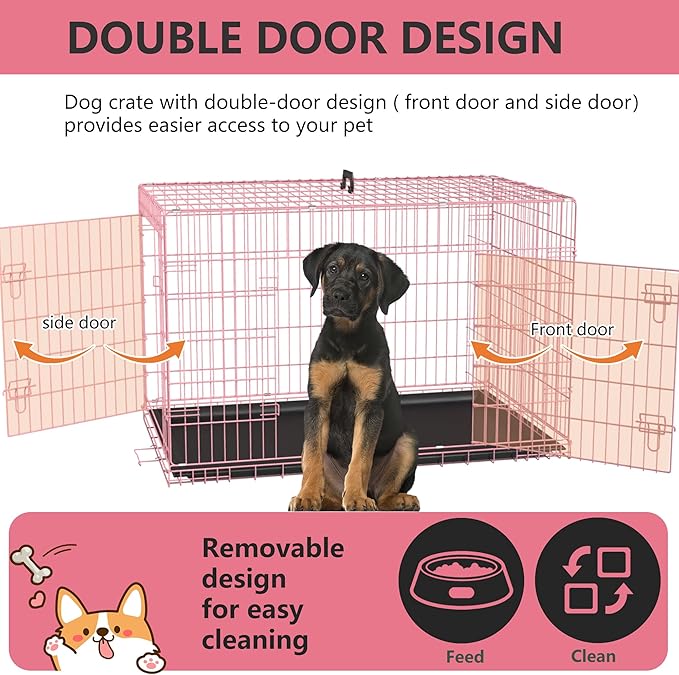 FDW Extra Large Dog Crate Dog Kennel Cage with Double Door,48 inch Folding Metal Wire Dog Cage with Removable Tray&Divider Panel,Pet Crate for Large Dogs,Pink