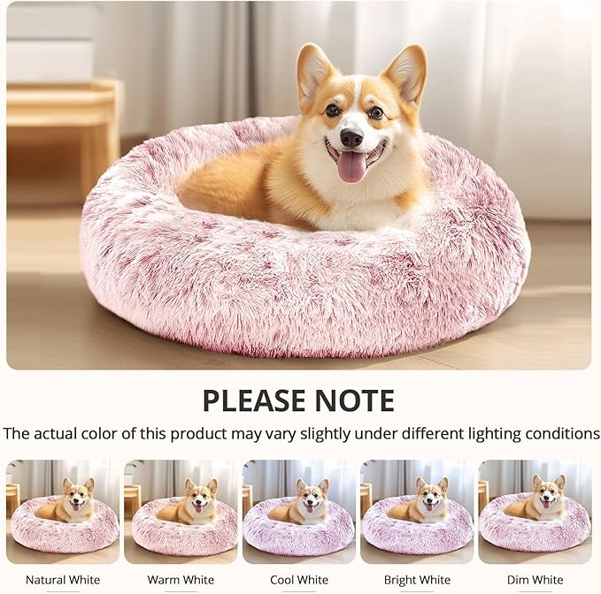 JOLLYVOGUE Donut Dog Bed for Large Dogs, Anti-Anxiety Washable Round Large Pet Bed, Calming Donut Dog Bed for Sleeping, Fluffy Dog Beds for Large Dogs, Round Bed for Indoor Pet (36"/Smoke Pink