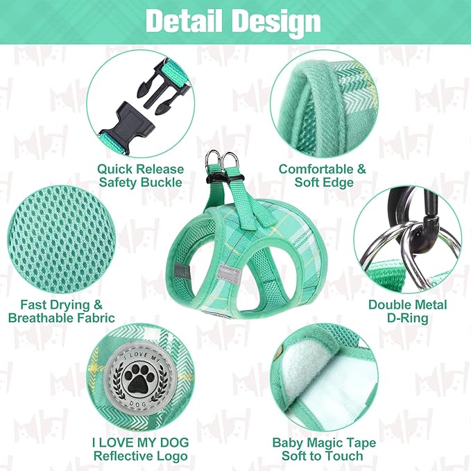 BEAUTYZOO Small Dog Harness and Leash Set,Step in No Chock No Pull Soft Mesh Dog Harnesses Reflective for Extra-Small/Small Medium Puppy Dogs and Cat, Plaid Dog Vest Harness for XS S Pets,Turquoise XL