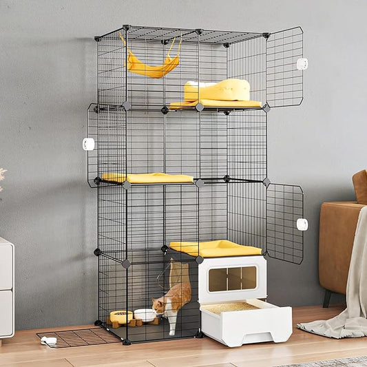 Oneluck Cat Cage Indoor with Litter Box 3-Tier DIY Cat Detachable Metal Wire Kennel Crate Large Exercise Place Ideal for 1-2 Kitties