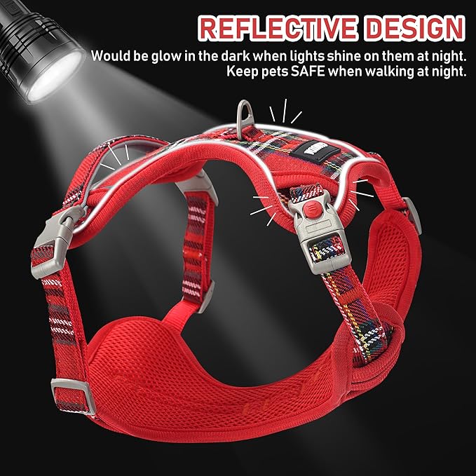 GAMUDA Dog Harness Collar and Leash Set, Dog Harness, No Chock No Pull Adjustable Vest Harnesses Plaid Reflective for Medium Dog, Cat, Small Horse, Small Bull and Pig (Red, L)