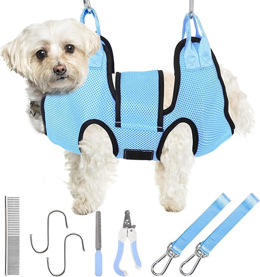 PatiencET Dog Grooming Hammock for Nail Trimming Pet Hammock for Small Dogs with Security Strap Cat Sling for Nail Clipping with Clippers Nail File and Pet Comb (Cerulean S)