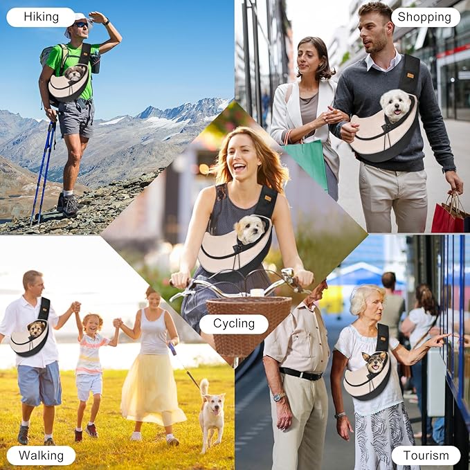 Cuby Pet Sling Carrier for Small Dogs Cats,Drawstring & Zipper Security Hook Triple Designs for Pets' Securty Dog Bag,Breathable Travel Pet Puppy Sling Carrier with Adjustable Strap(Beige,S (3-5 lbs))