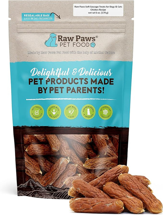 Raw Paws Grain-Free Soft Sausage Treats for Dogs & Cats - Chicken Recipe, 6-oz - USA Chicken Sausage Dog Treats - Soft Chicken Treats for Dogs & Cats - Chicken Dog Sausage Links - Dog Sausage Treats