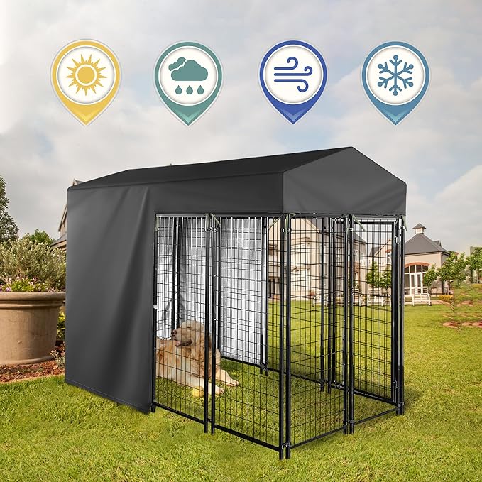 Outdoor Dog Black Cover Half Coverage for 8'Dx4'Wx6'H 600D Heavy Duty Waterproof Kennel Covers for Dog Cages(Cover Only)