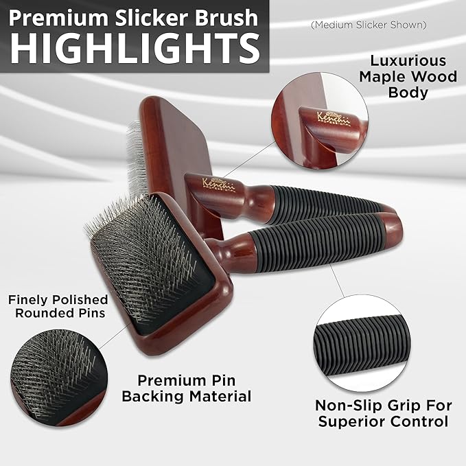 Kenchii Slicker Brush for Dogs, Professional Dog Grooming Brush for Loose Fur, Tangles, Long Short Haired, Stainless Steel Pins, Maplewood Handle (Large)