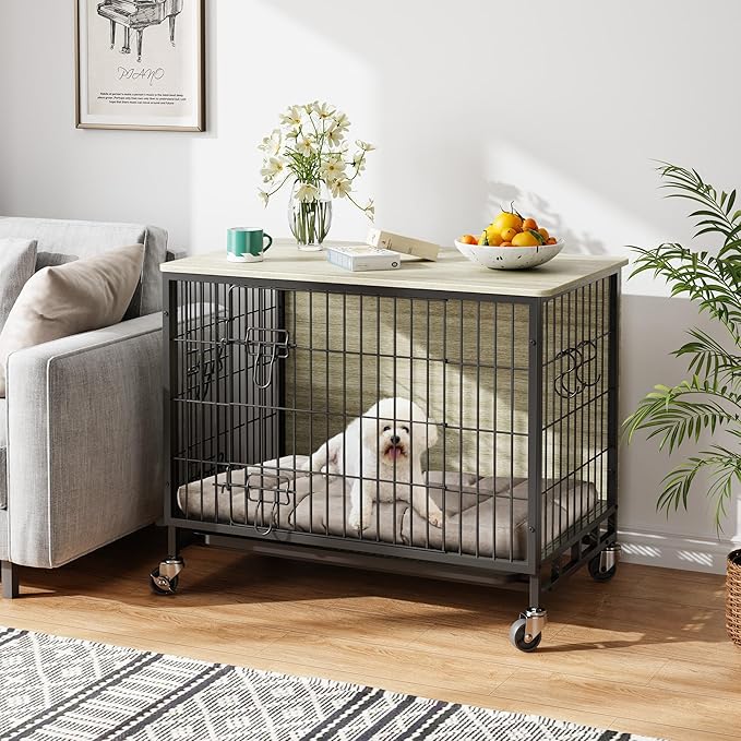 Dog Crate Furniture, 38.6" Modern Double-Door Dog House with Pull-Out Tray, Heavy-Duty Wooden Kennel & Removable Wheels, Side Table for Large Dog Sizes, Rustic Gray