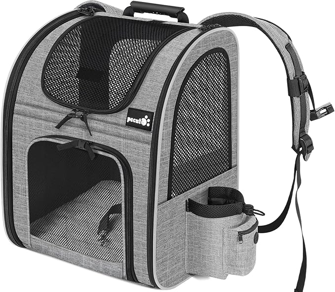 Pecute Cat Backpack with Breathable Mesh, Dog Backpack Carrier with Multi-Pockets, Cat Carrier Backpack Comfortable, Cat Backpack Carrier for Travel Hiking and Camping Gray