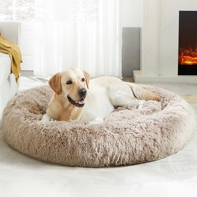 Calming Dog Bed & Cat Bed, Anti-Anxiety Donut Dog Cuddler Bed, Warming Cozy Soft Dog Round Bed, Fluffy Faux Fur Plush Dog Cat Cushion Bed for Small Medium Dogs and Cats (20"/24"/27"/30")