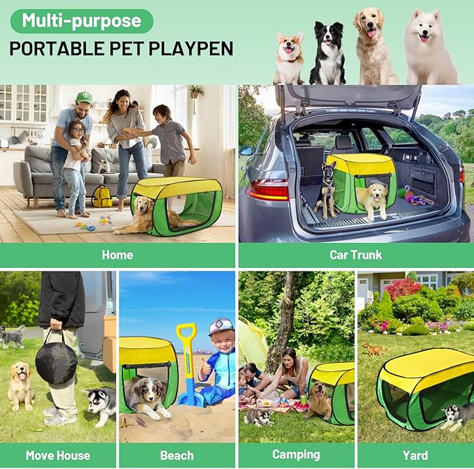 Travel Dog Crate Portable Dog Kennel for Small Dogs Pop Up Soft Dog Enclosure Indoor Outdoor for Medium Dogs Pets Foldable Crate(Green and Yellow-Medium)