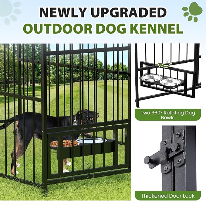 Rovibek Outdoor Dog Kennel with Roof, Dog Kennel Outside Heavy Duty Dog Playpen, Dog Run Enclosure with 2 Rotating Bowl & Sun-Proof Cover Dogs