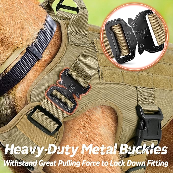 rabbitgoo Tactical Dog Harness for Large Dogs, Heavy Duty Dog Harness with Handle, No-Pull Service Dog Vest Large Breed, Adjustable Military Dog Vest Harness for Training Hunting Walking, Brown, L