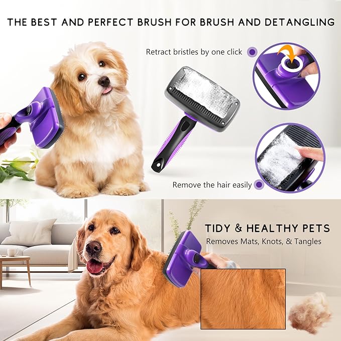 Dog Self-Cleaning Slicker Brush for Shedding Medium & Large Dogs, Cats, and Small Animals. Removes Loose Fur, Mats, and Tangles, Gentle Grooming Tool for Short & Long Haired Pets, Purple