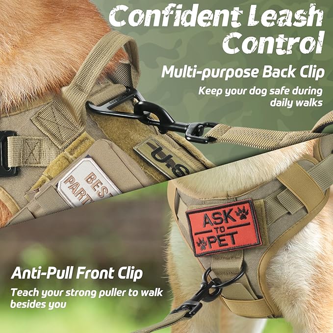 rabbitgoo Tactical Dog Harness for Large Dogs, Heavy Duty Dog Harness with Handle, No-Pull Service Dog Vest Large Breed, Adjustable Military Dog Vest Harness for Training Hunting Walking, Brown, L