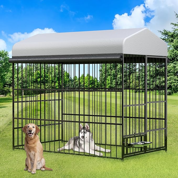 Rovibek Outdoor Dog Kennel, Outside Dog Kennel with Roof, Dog Kennels Outside, Heavy Duty Dog Enclosure with 2 Rotating Bowls, Large Dog Kennels Outdoor