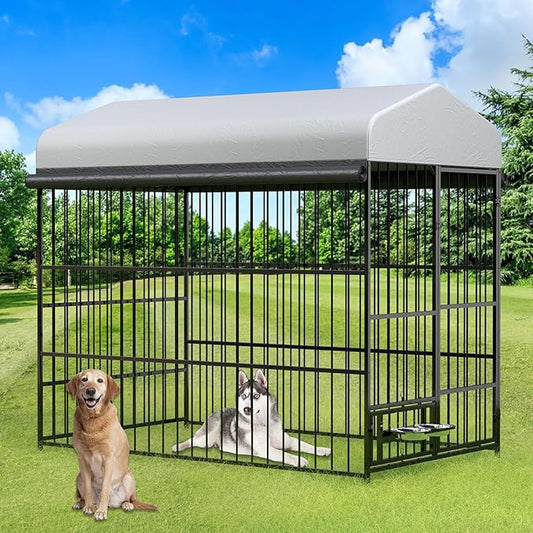 Rovibek Outdoor Dog Kennel, Outside Dog Kennel with Roof, Dog Kennels Outside, Heavy Duty Dog Enclosure with 2 Rotating Bowls, Large Dog Kennels Outdoor