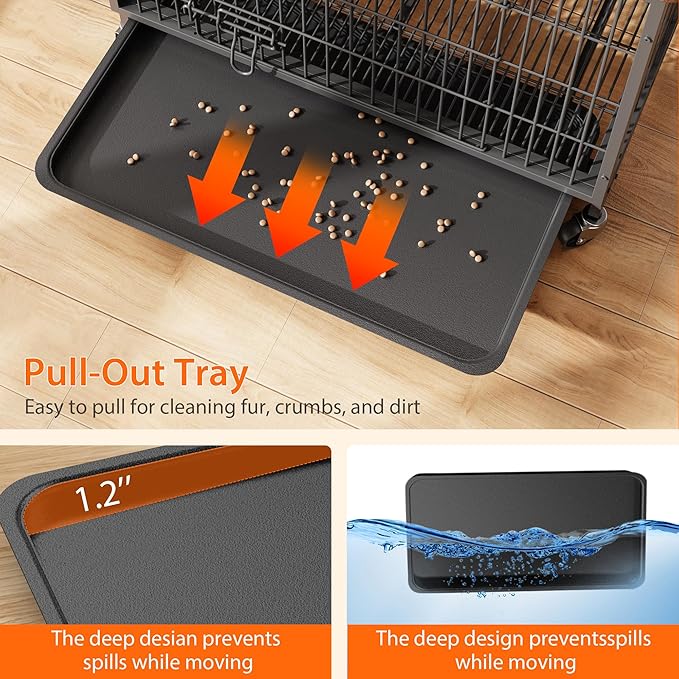 Small Dog Crate Furniture, 27.2"L x 20.1"W x 23.6"H,Indoor Pet Crate with Double Doors, Removable Tray and 360° Wheels, Wooden Countertop Dog Kennel, Brown&Black