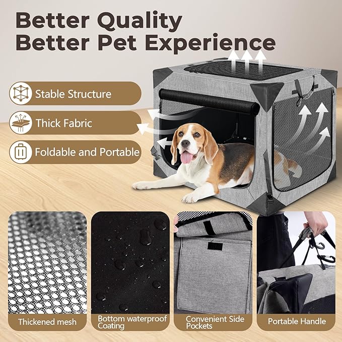 Dog Crates,Collapsible Soft Travel Crate for Medium Dogs (3 Year Warranty), Indoor & Outdoor Portable Pet Kennel with Chew Proof Mesh Door (30" L x 21" W x 21" H, Dark Gray) 