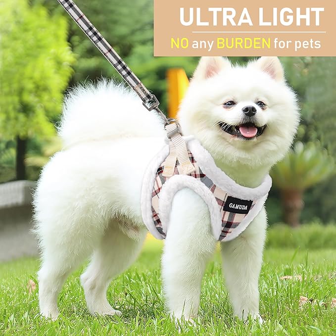 GAMUDA Small Dog Harness Collar and Leash Set, Step in No Chock No Pull Soft Mesh Adjustable Dog Vest Harnesses Plaid Reflective for Dogs Puppy Cats Kitten Rabbit (Warm Beige, XS)