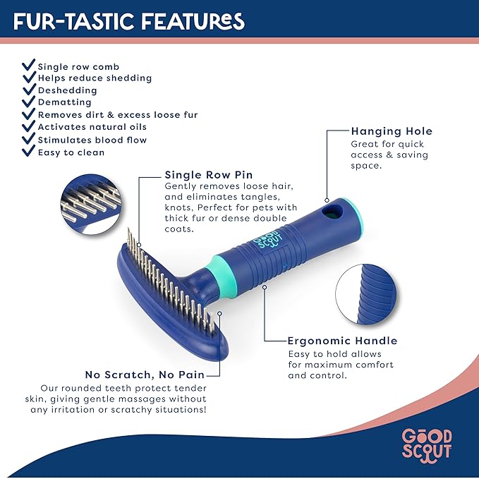 Good Scout Pet Hair Rake with Single Row Rotating Pins, Best Deshedding Tool for Dogs & Cats, Gentle, Safe & Effective Grooming Tool for Short or Long Haired Animals