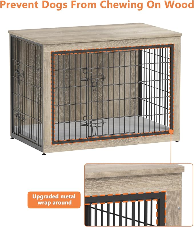 Piskyet Dog Crate Furniture with Cushion,Heavy-Duty Reinforced Metal Mesh,44" Wooden Dog Crate End Table with Double Doors,Indoor Dog Kennel,Dog Cage Side Table for Large Breed,Grey